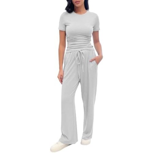 2 Piece Pajama Set for Women with Pockets, Short Sleeve Ruched Top, Wide Leg Pants with Drawstring, Soft Loungewear