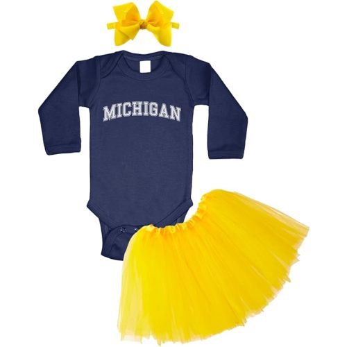 Michigan - State Proud Strong Pride Sports Baby Bodysuit + Tutu Skirt + Bow Headband Set