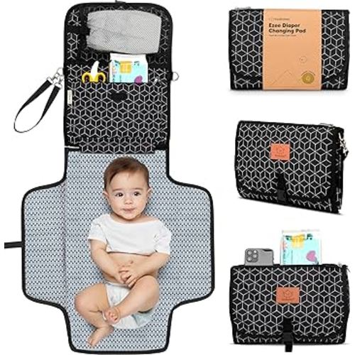 KeaBabies Portable Diaper Changing Pad - Large Waterproof Baby Changing Mat, Compact Travel Diaper Clutch, Functional Pockets Fit Newborn Essentials, Wipeable & Padded Baby Changer (Black Geo)