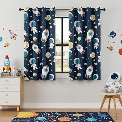 Kids Space Astronaut Planets Rockets Blackout Curtains - 100% Blackout, Thermal Insulated, Noise Reducing, for Kids Room and Nursery, 2 Panels (Astro Buddy Rockets, W52×L63)