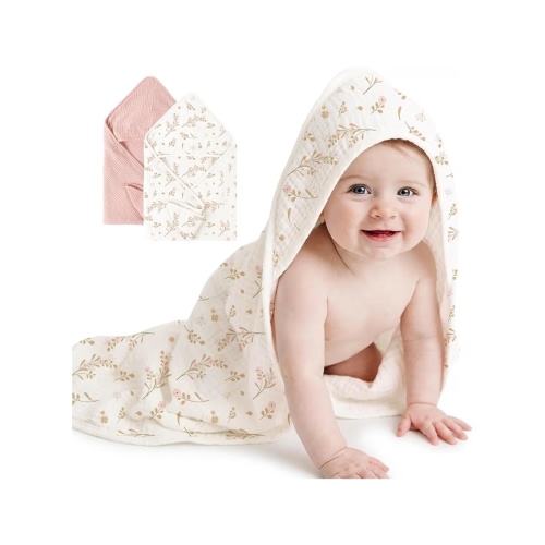 Konssy 2-Pack Muslin Hooded Baby Towels, 100% Cotton, Ultra-Soft & Absorbent Baby Bath Towels with Hood for Newborn & Infant (Pink, Floral,32" x 32")