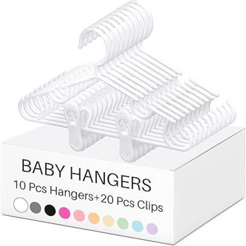 Hsei Nursery Hangers with Clips for Kids Baby Pants Hangers 10/20/40 Newborn Plastic Hanger with 20/40/80 Clip for Closet Toddler Clothes Coat Skirts Socks(White,30 Packs)