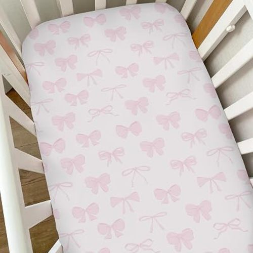 Pastel Pink Bows Baby Crib Sheets for Boys Girls Preppy Girly Ribbons Soft Snug Fitted Crib Mattress Covers for 52''x28'' Standard Crib & Toddler Mattress Cute Valentine Bows Nursery Bed Sheets
