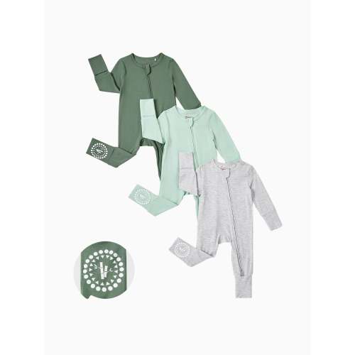 Bamboo Baby Boy / Girl 3-Pack Solid&Rainbow Printed 2-Way Zipper Anti Slip Long-sleeve Footie Green