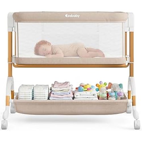 Ezebaby 3 in 1 Baby Bassinet Bedside Sleeper, Rocking Bassinet for Baby with Comfy Mattress & Breathable Full Mesh Sides, 7 Height Adjustable | Portable Crib for Newborns