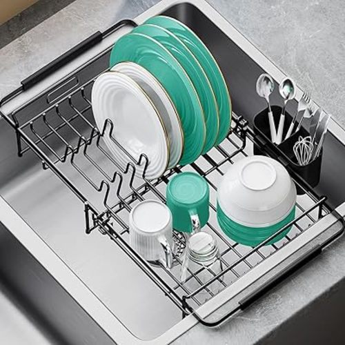 Expandable-Sink-Dish-Drying-Rack with Utensil Holder for Kitchen Counter, in Sink and Over The Sink, Rust Resistant, Black