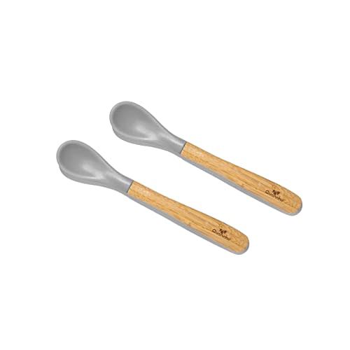 Avanchy Infant Baby Spoons Bamboo and Silicone Set, Self Feeding Food Utensils, 4 Months Baby Led Weaning, 2 Pack, Gray