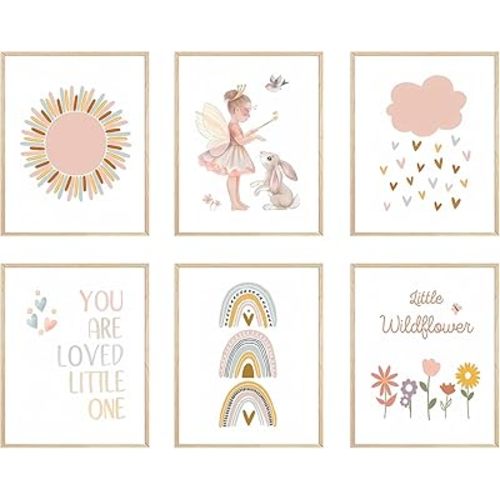 FSZSEES Girls Room Wall Art Prints Set of 6 Nursery Wall Decor Boho Sun Rainbow Canvas Prints You Are Loved Little One Children Bedroom Poster 8x10 Inch, Unframed