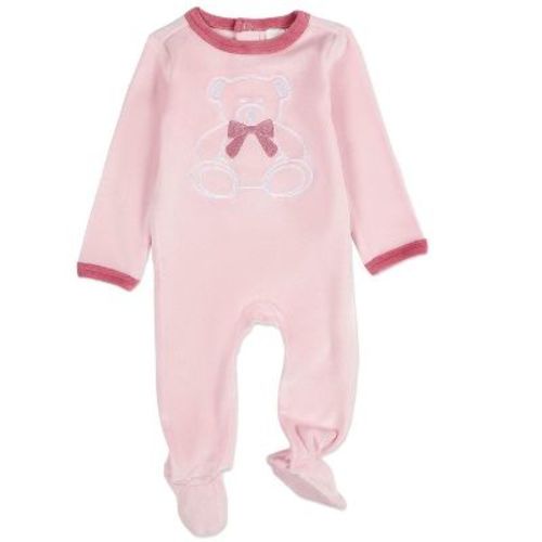 MiniMoi Baby and Toddler "Teddy Snuggles" Embossed Cotton Rich Velour Footie Pink 6-M