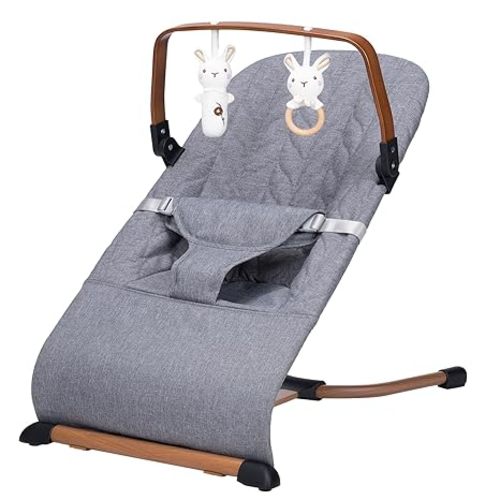 Portable Baby Bouncer, Bouncer Seat for Babies 0-12 Months, 3 Recline Positions, Foldable Baby Rocker Chair with Removable Wooden Bar, Gray