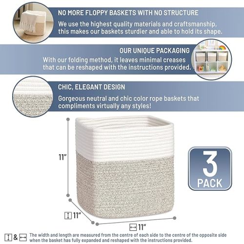 NaturalCozy Storage Cubes 11 Inch Cotton Rope Woven Baskets for Organizing, 3-Pack | Cube Bin Square Shelves Organizer, Classroom, Kids Toy Bins, Closet, Baby Nursery