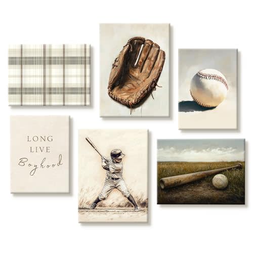 Vintage Baseball Nursery Wall Art Boys Room Canvas Poster Vintage Sports Wall Decor Baby Kids Prints Baseball Field Pictures Sage Green Painting Neutral Artwork for Bedroom 12x16x6 Inch Ready to Hang