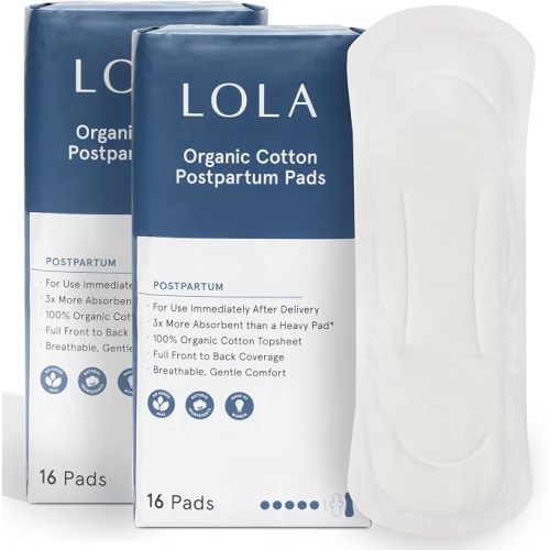 LOLA Organic Cotton Postpartum Pads, 32 Count, Unscented