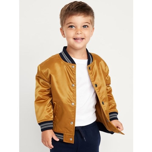 Loose Button-Front Satin Bomber Jacket for Toddler Boys