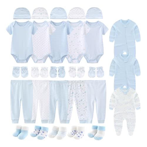BABYSOLIS 28 Pack Baby Layette Set 3-6 Month’s Boy Pants+Rompers+Short Sleeve Bodysuits+Hats+Gloves+Socks New Born Outfit
