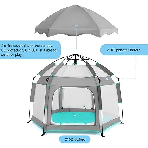 Baby Playpen with Canopy, Portable Baby Beach Tent, Toddler Play Yard Indoor and Outdoor, Foldable Mosquito Net for Infant - Grey