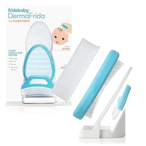 Frida Baby The 3-Step Cradle Cap System, DermaFrida The FlakeFixer, Sponge, Brush, Comb and Storage Stand for Babies with Cradle Cap, White-Blue