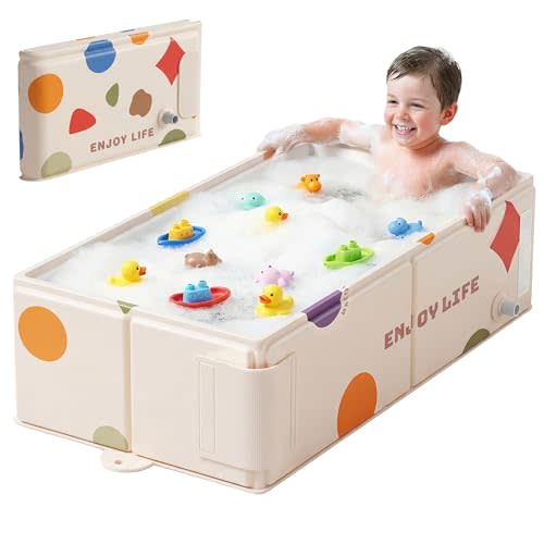 Collapsible Baby Bathtub for Newborn to Toddler, Foldable Toddler Bathtub with Drain Plug, Non-Slip Portable Infant Bath Tub for Travel Storage Outdoor Use, Cream Geometric