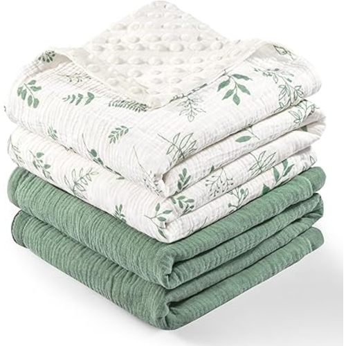 2 Pack Muslin Cotton Baby Blankets for Girls Boys, 40x40in Thick Soft Cozy Breathable Lightweight Blanket with Double Layer Dotted Backing, Nursery Bedding for Newborns Toddlers, Green Leaf