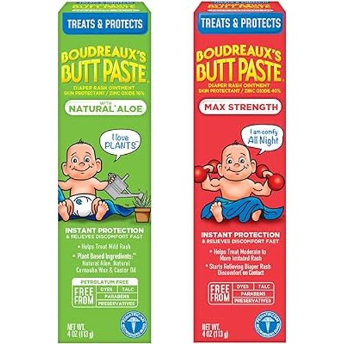 Boudreaux's Butt Paste Diaper Rash Ointment Variety Pack (1-4 oz Maximum Strength, 1-4 oz Natural Aloe)
