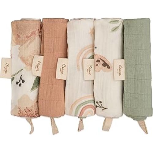 Crane Pink Floral Baby Wash Cloth Set - 5 Soft 100% Cotton Muslin Washcloths for Newborns