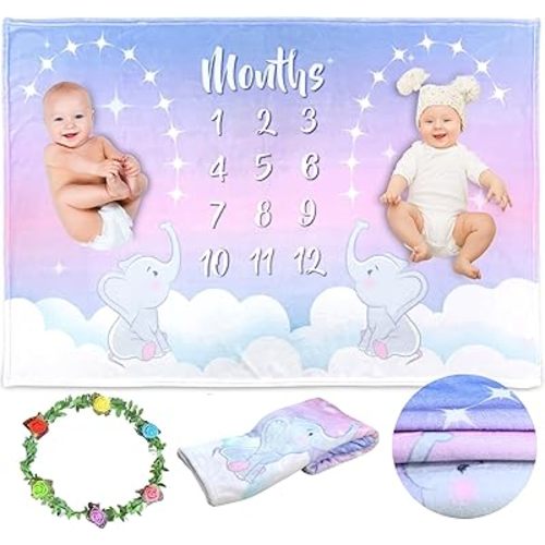 Twin Milestone Blanket – Gender Neutral Milestone Blanket for Boys & Girls, Elephant-Themed Baby Shower Blanket, Monthly Baby Milestones Blanket for Twins