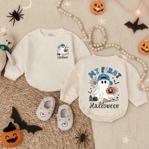 Customized My First Halloween Bubble Romper, Baby Boy Boo Outfit, Ghost Pumpkin Oversized Bodysuit, Spooky Dude Baby Boy Costume