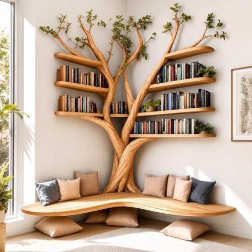 Wooden Tree Bookshelf Reading Nook Bench Corner Library Shelf Wall Mounted Bookcase Storage Unit Modern Rustic Home Furniture Decor