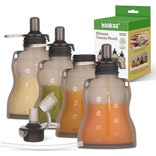 haakaa Reusable Baby Food Pouches Refillable Baby Squeeze Silicone Yummy Pouch, Soft Reusable Squeeze Storage Food Pouch for Kids Toddler,Home Made Food Puree,Smoothie Pouch Bag, 4oz, 4 Pack,6m+