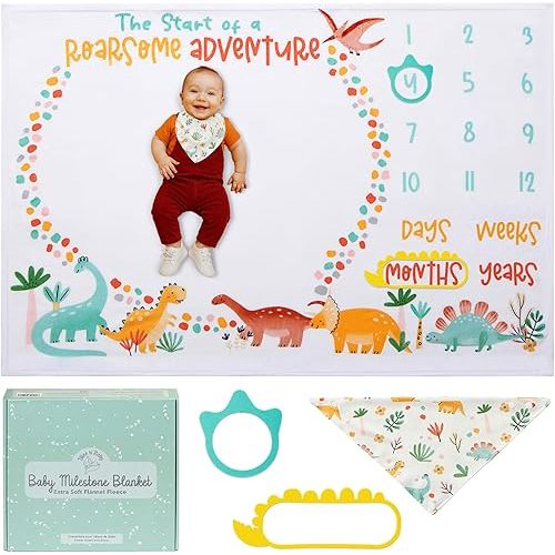 Bliss n' Baby Monthly Milestone Blanket for Baby Boys & Girls - 60"x40" - Wrinkle Free Newborn Age Month Blanket with Growth Chart - Washable & Dryable - w/Frames & Bib - Dinosaur Theme Baby Gift Set