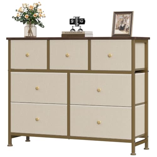 OLIXIS 7 Drawer Dresser for Bedroom, Tall Fabric Storage Tower with Sturdy Steel Frame and Wooden Top, Large Dresser for Living Room Entryway with Easy Pull Fabric Bins,Khaki