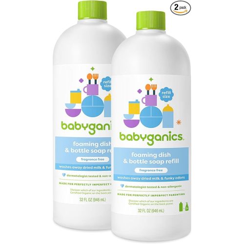 Babyganics Foaming Dish & Bottle Soap, Fragrance Free, Removes Dried Milk, 32 Fl Oz (Pack of 2), Packaging May Vary