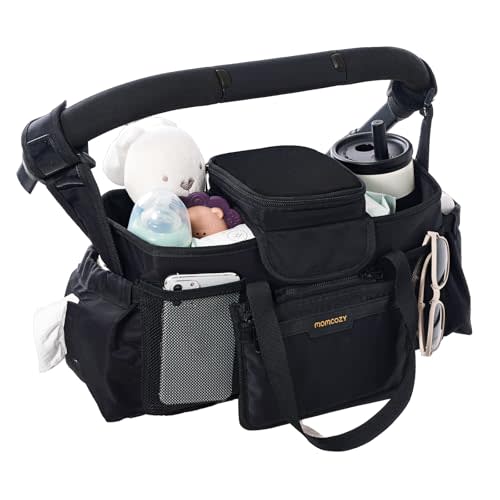 Momcozy Extra Large Stroller Organizer Max | with Food Grade Pacifier Teether Bag | 2 Insulated Cup Holder | Silicone Anti-Slip Straps | 3-Way Usage | Detachable Small Pouch | for UPPAbaby/Doona