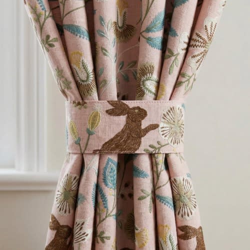 Pink Linen Nursery Curtains, Embroidered Bunny Floral Drapes