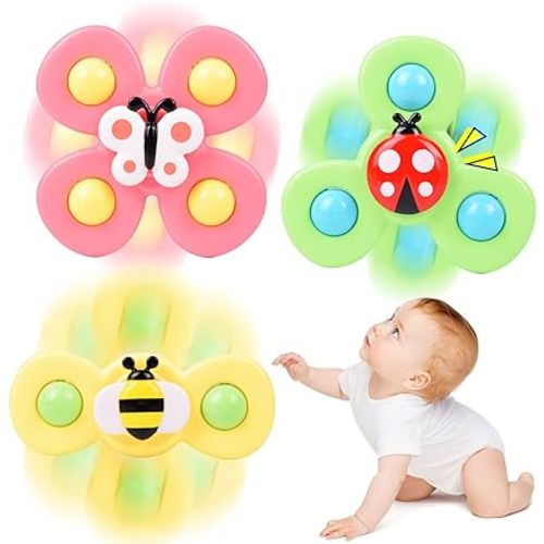 Suction Cup Spinner Toy for Baby 1 2 Year Old, 3PCS Spinner Sensory Toys for Toddlers 1 3, Cartoon Baby Fidget Spinners Toys 12 Months Kids, High Chair/Dining Table/Window/Travelling (Colorful)