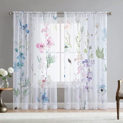 Floral Leaves Curtains for Living Room 63 inch Length 2 Panels Set Elegant Blue Pink Spring Flower Printed Window Curtain Natural Sheer Curtains Chiffon Drapes for Bedroom