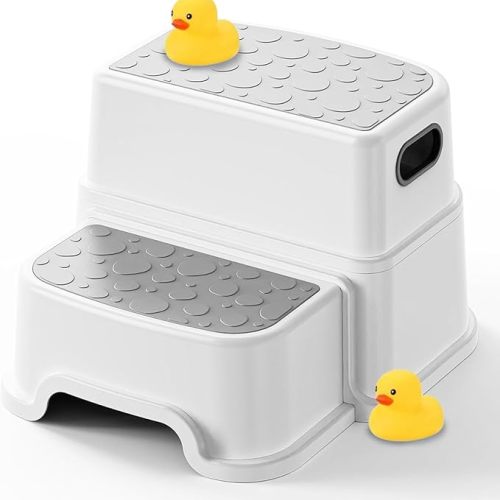 UNCLE WU Toddler Step Stool for Potty Training, Bathroom Sink & Toilet - 2 Step Kids Poop Stool, Non-Slip Step Stool with Handles, Dual Height Stepping Stool for Kitchen Counter (Include 2 Ducks)