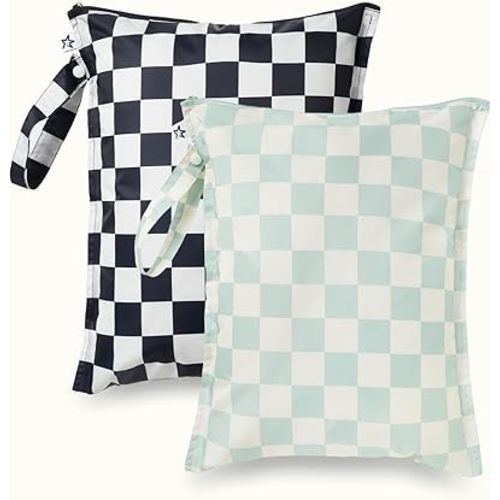 Tiny Twinkle Mess Proof Wet Bags | 2-Pack Reusable Waterproof Wet Bags for Swimsuits | Baby Clothes | Travel & Diaper Bag (Black, Green Checkers)