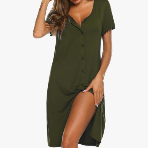 Ekouaer Women's Nightshirt Short Sleeve Button Down Nightgown V-Neck Sleepwear Pajama Dress