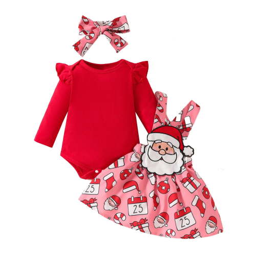 Odeerbi Baby Girls Outfits Christmas Santa Claus Jumpsuit Cotton Romper Suspender Skirt Set Solid Color Long Sleeve Knitting Bodysuit Baby Crawling Suit Headband Set Infant Clothes Red