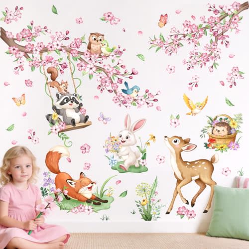 Tanlaby Woodland Animal Wall Decals Cherry Blossom Flower Tree Branch Deer Fox Wall Stickers for Girls Room Bedroom Baby Nursery Kids Living Room Home Decor