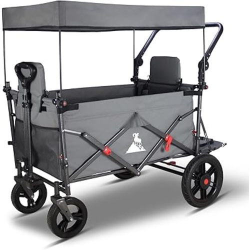 Collapsible Foldable Wagon Cart with Quick-Release Wheels & 2 Seats - Heavy-Duty Utility Wagon 265LBS Capacity for Camping, Garden, Shopping (Grey)