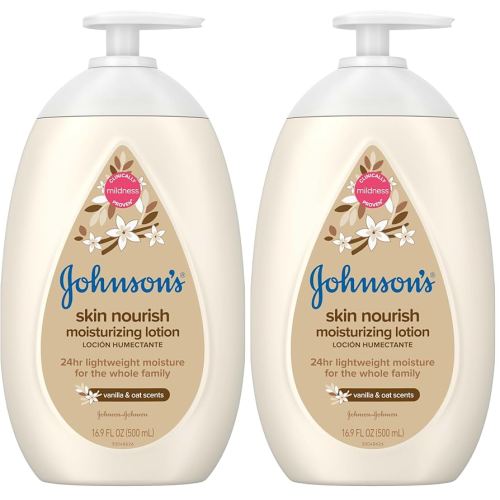 Johnson's Baby Skin Nourish Moisturizing Baby Lotion for Dry Skin with Vanilla & Oat Scents, Gentle & Lightweight Body Lotion for The Whole Family, Hypoallergenic, Dye-Free, 16.9 fl. oz (Pack of 2)