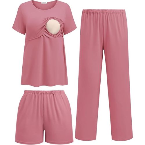 Ekouaer 3 Piece Postpartum Nursing Pajamas Set Short Sleeve Breastfeeding Shirts Pregnancy Shorts & Pants Maternity Pjs