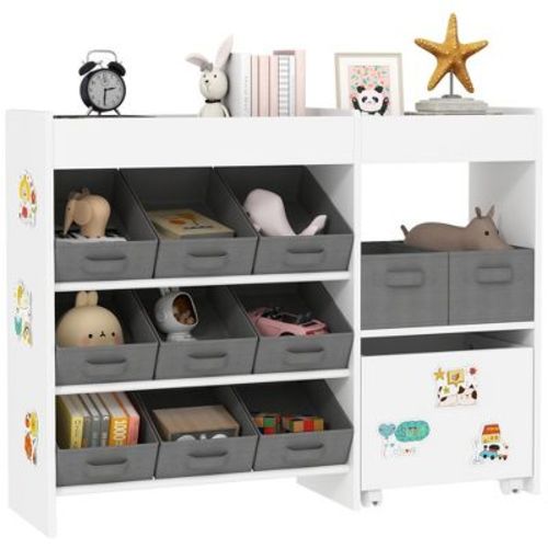Qaba Toy Storage Organizer with 6 Shelves and 11 Fabric Bins, Moveable Cabinet and 3 Stickers, Toy Organizer for Nursery, Playroom, Bedroom, White