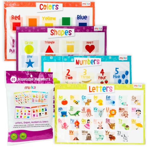 Merka Disposable Placemats for Baby and Toddlers 12" x 18", 60 Pack Stick-on Table Kids Placemats for Restaurants, Includes Shapes, Numbers, Letters & Colors