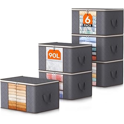 Lifewit 90L Large Storage Bags, 6 Pack Closet Organizers and Storage, Clothes Storage Bins with Lids, Foldable Storage Containers with Reinforced Handles for Clothing, Blanket, Bedding, Comforter Gray