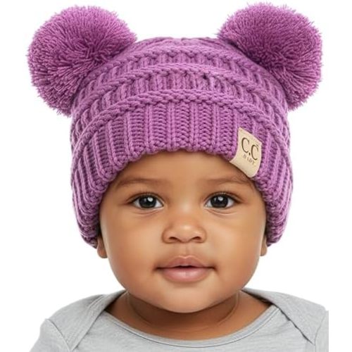 Funky Junque Double Pom Pom Baby Beanie – Newborn Girl Winter Hat 0–12 Months, Cute Cozy Knit Infant Beanies for Cold Weather