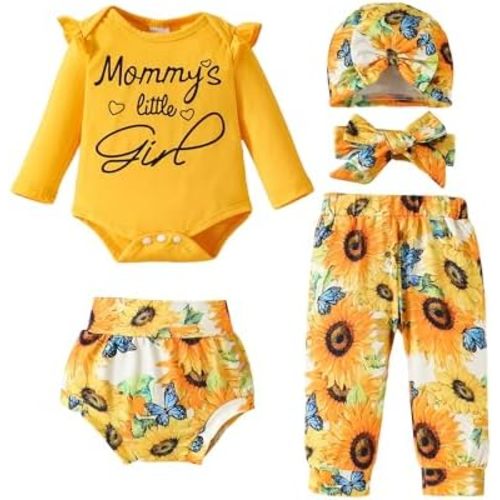 SUNNY PIGGY Baby Girl Clothes Infant Newborn Girls Outfits Romper with Headband Hat Pants Shorts Set 5Pcs