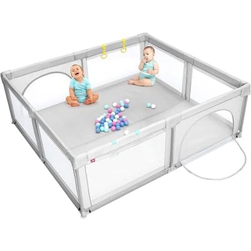 Costzon Baby Playpen for Toddler, Large Play Yard Indoor & Outdoor Kids Activity Center with Ocean Balls, Non-Slip Suction Cups, Handlebars, Breathable Mesh & Zipper Door, Playpen for Babies Grey